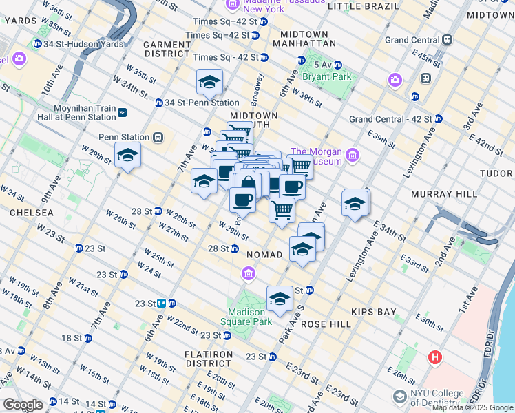 map of restaurants, bars, coffee shops, grocery stores, and more near 1250 Broadway in New York