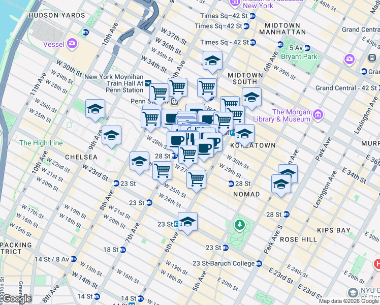 map of restaurants, bars, coffee shops, grocery stores, and more near 145 West 28th Street in New York