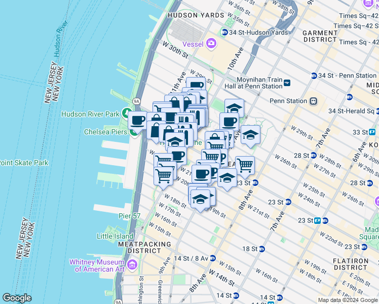 map of restaurants, bars, coffee shops, grocery stores, and more near in New York