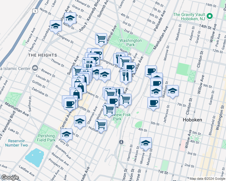 map of restaurants, bars, coffee shops, grocery stores, and more near 263 Webster Avenue in Jersey City
