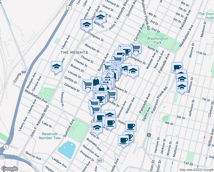 map of restaurants, bars, coffee shops, grocery stores, and more near 20 Charles Street in Jersey City