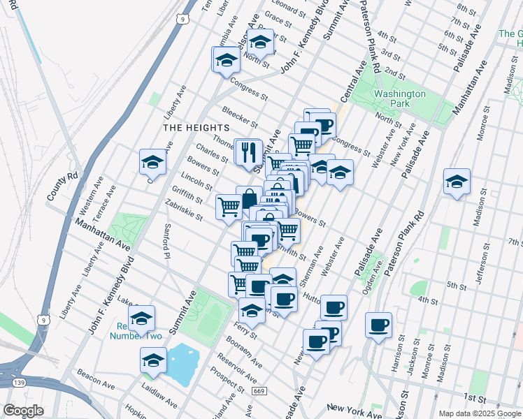 map of restaurants, bars, coffee shops, grocery stores, and more near in Jersey City