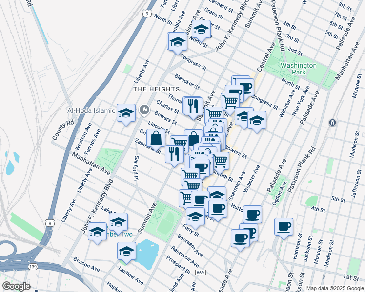 map of restaurants, bars, coffee shops, grocery stores, and more near 65 Lincoln Street in Jersey City