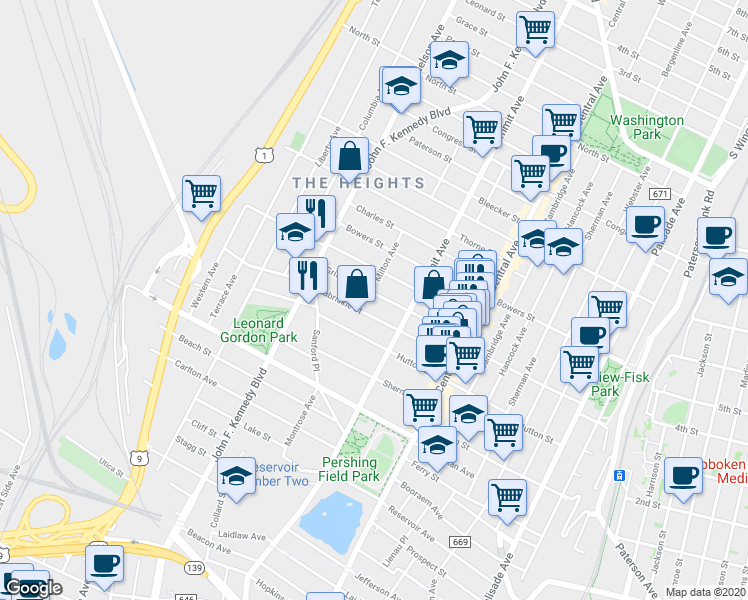 map of restaurants, bars, coffee shops, grocery stores, and more near 247 Griffith Street in Jersey City