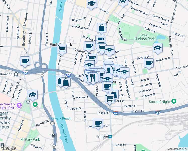 map of restaurants, bars, coffee shops, grocery stores, and more near 241 Hamilton Street in Harrison