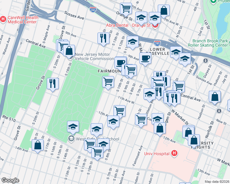 map of restaurants, bars, coffee shops, grocery stores, and more near 161 South 10th Street in Newark