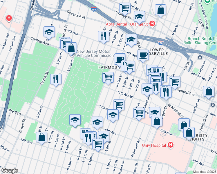 map of restaurants, bars, coffee shops, grocery stores, and more near 133 11th Avenue West in Newark