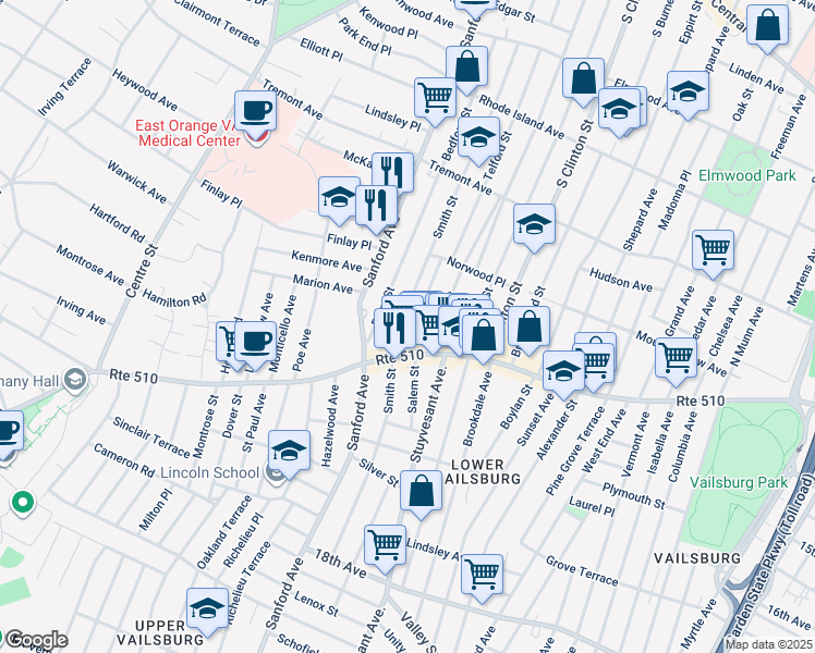 map of restaurants, bars, coffee shops, grocery stores, and more near 135 Smith Street in Newark