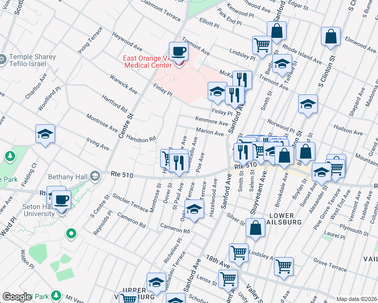 map of restaurants, bars, coffee shops, grocery stores, and more near 53 Monticello Avenue in Newark