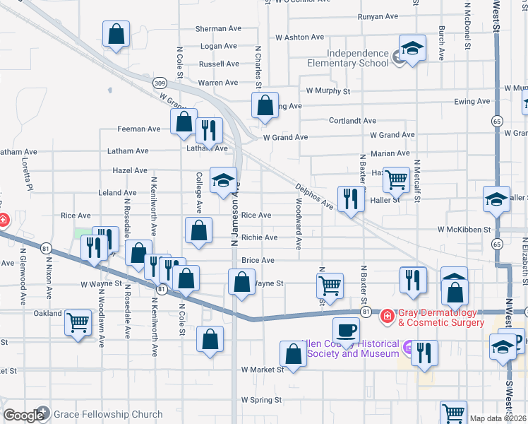 map of restaurants, bars, coffee shops, grocery stores, and more near 701 North Charles Street in Lima
