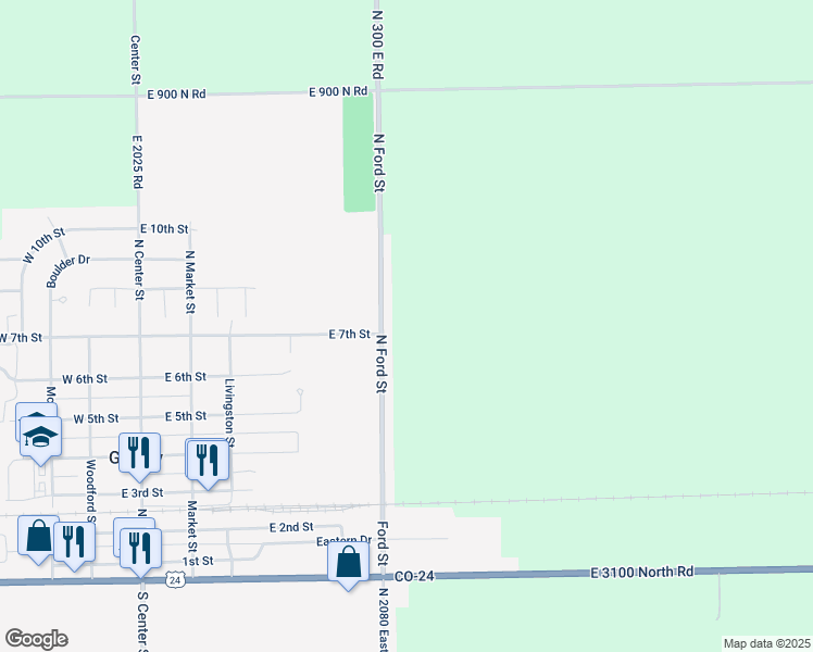 map of restaurants, bars, coffee shops, grocery stores, and more near 705 North Ford Street in Gridley
