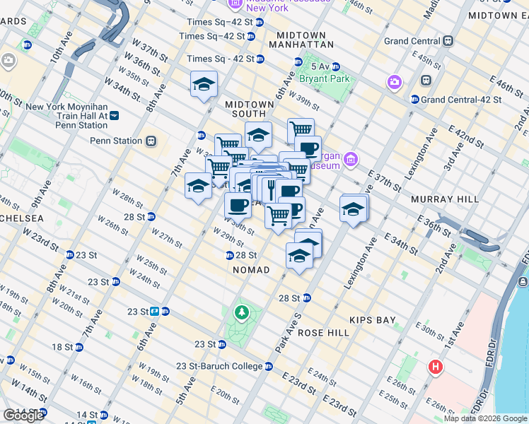 map of restaurants, bars, coffee shops, grocery stores, and more near 5 West 32nd Street in New York
