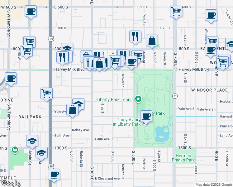 map of restaurants, bars, coffee shops, grocery stores, and more near 418 Williams Avenue South in Salt Lake City
