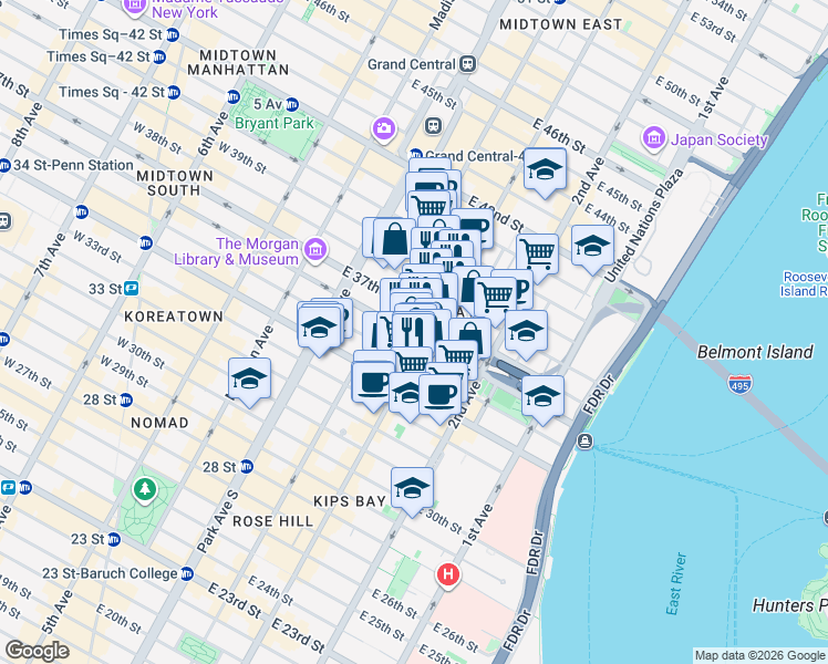 map of restaurants, bars, coffee shops, grocery stores, and more near 163 East 36th Street in New York