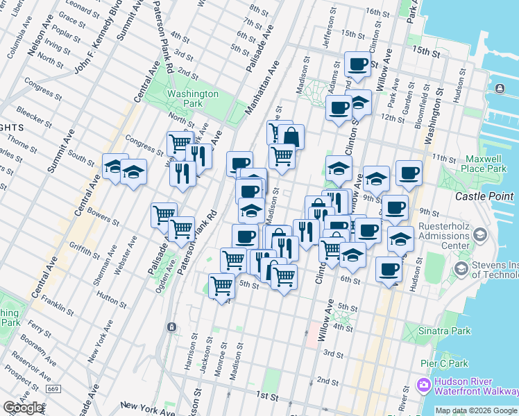 map of restaurants, bars, coffee shops, grocery stores, and more near 716-32 Madison Street in Hoboken