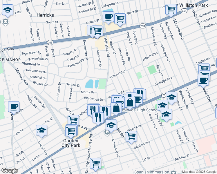 map of restaurants, bars, coffee shops, grocery stores, and more near 5 Nancy Road in Mineola