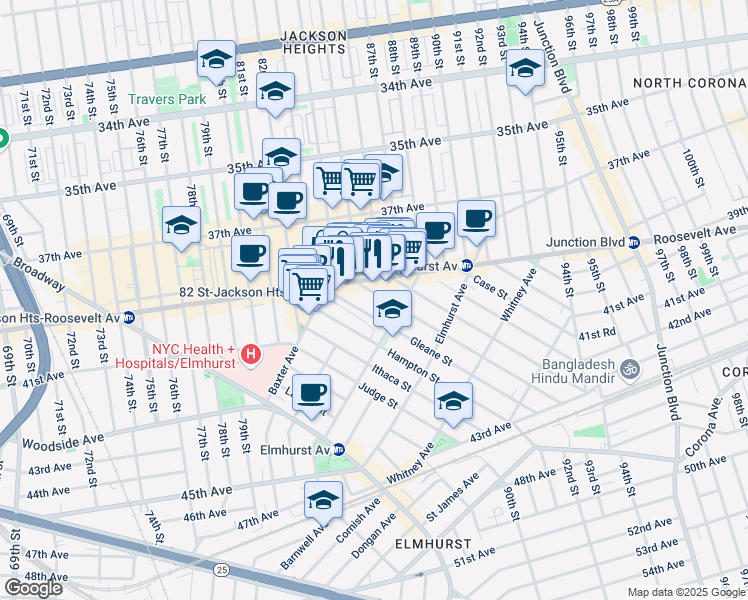 map of restaurants, bars, coffee shops, grocery stores, and more near 85-15 Roosevelt Avenue in Queens
