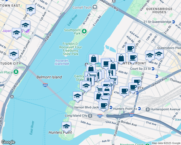 map of restaurants, bars, coffee shops, grocery stores, and more near 4610 Center Boulevard in Queens