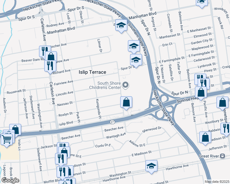 map of restaurants, bars, coffee shops, grocery stores, and more near 87 Nassau Street in Islip Terrace