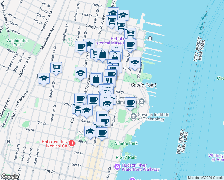 map of restaurants, bars, coffee shops, grocery stores, and more near Washington Street & 9th Street in Hoboken