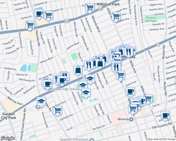 map of restaurants, bars, coffee shops, grocery stores, and more near 305 Walter Avenue in Mineola