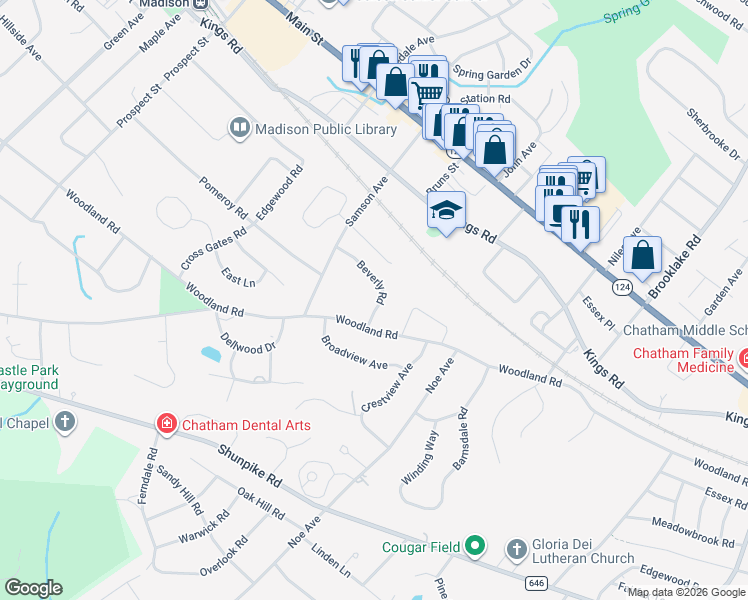 map of restaurants, bars, coffee shops, grocery stores, and more near 25 Beverly Road in Madison
