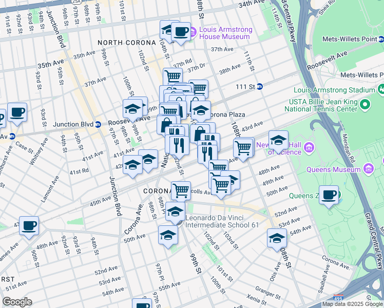 map of restaurants, bars, coffee shops, grocery stores, and more near 102-36 43rd Avenue in Queens