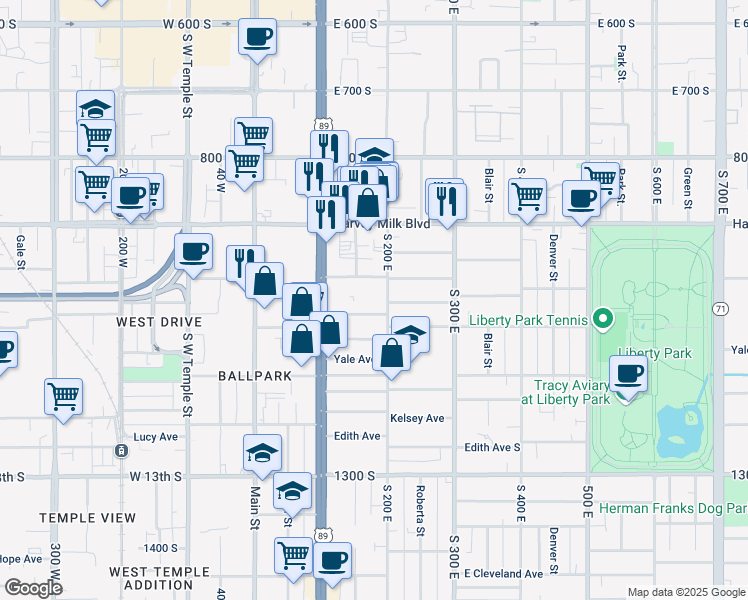 map of restaurants, bars, coffee shops, grocery stores, and more near 976 South 200 West in Salt Lake City