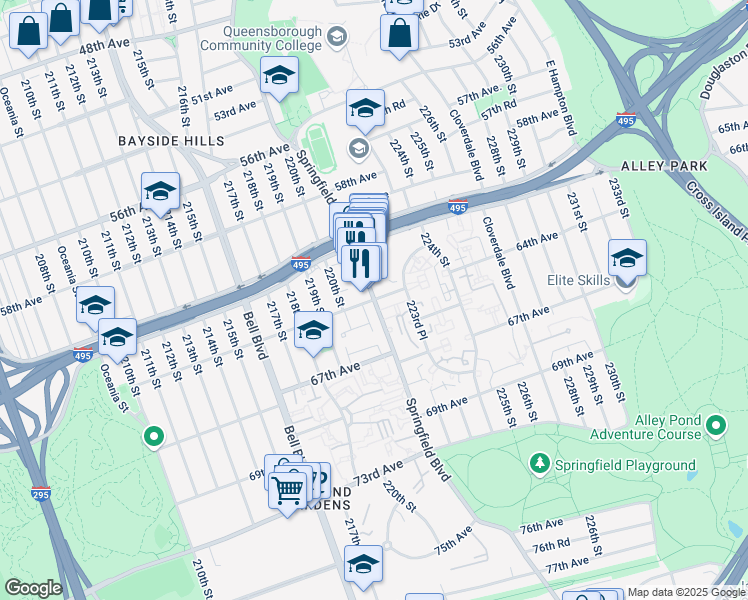 map of restaurants, bars, coffee shops, grocery stores, and more near Springfield Boulevard & 64th Avenue in Queens