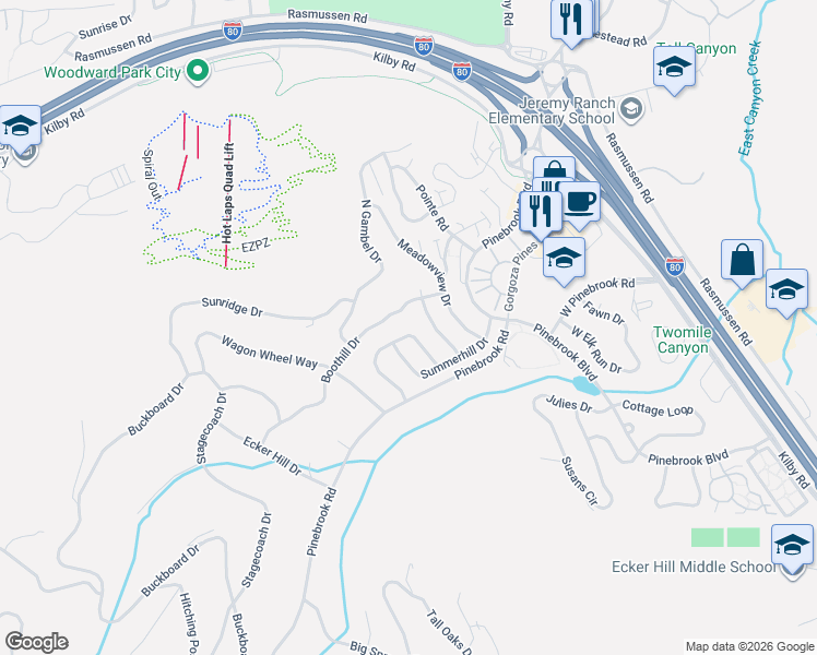 map of restaurants, bars, coffee shops, grocery stores, and more near 7984 Springshire Drive in Park City