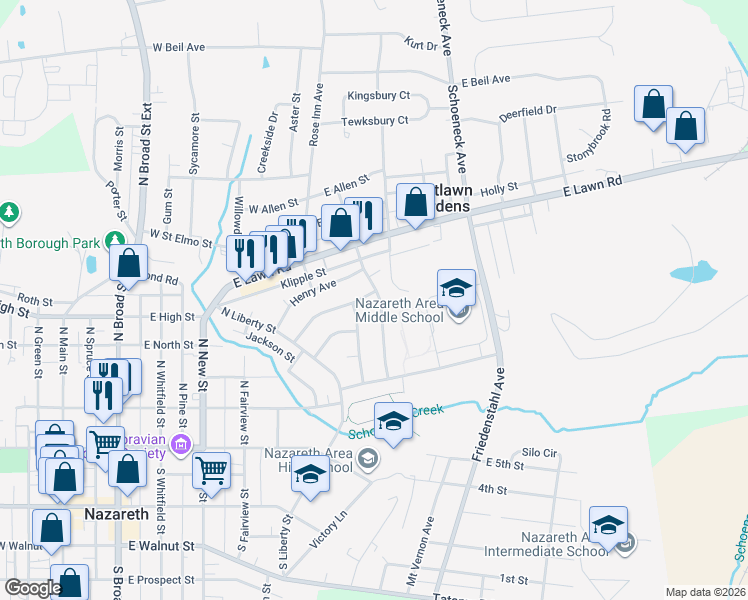 map of restaurants, bars, coffee shops, grocery stores, and more near 124 George Avenue in Nazareth