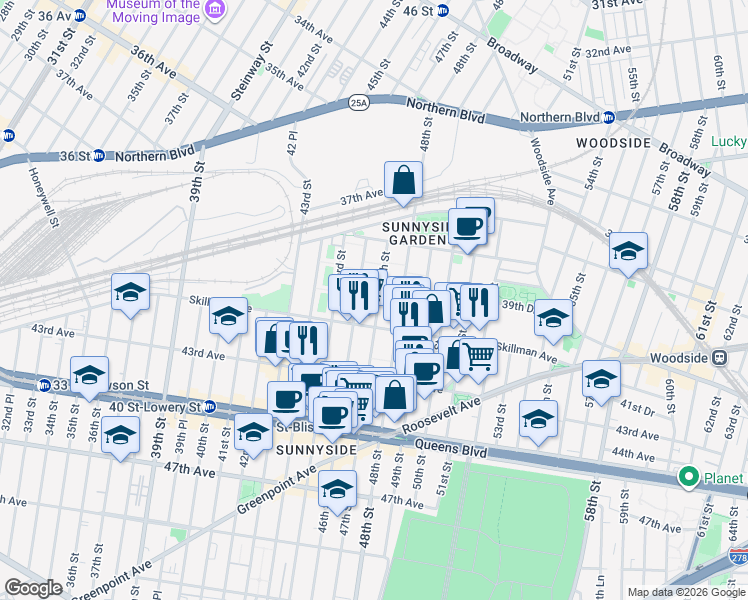 map of restaurants, bars, coffee shops, grocery stores, and more near 39-64A 47th Street in Queens