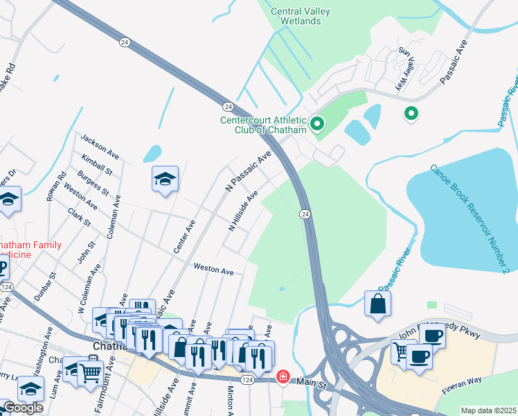 map of restaurants, bars, coffee shops, grocery stores, and more near 121 North Summit Avenue in Chatham