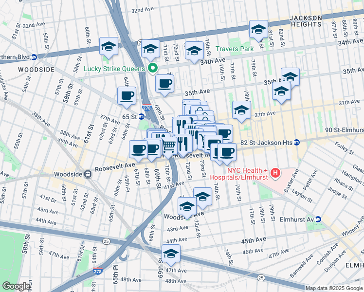 map of restaurants, bars, coffee shops, grocery stores, and more near 37-46 72nd Street in Queens