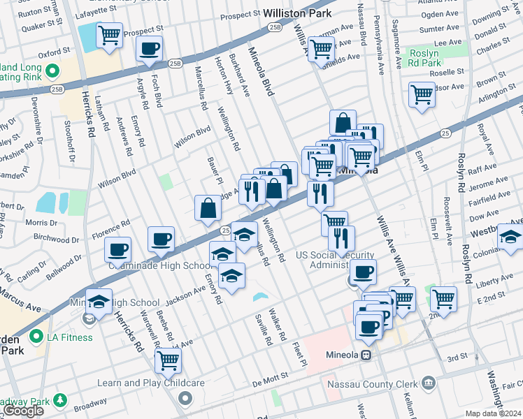 map of restaurants, bars, coffee shops, grocery stores, and more near 266 Jericho Turnpike in Mineola