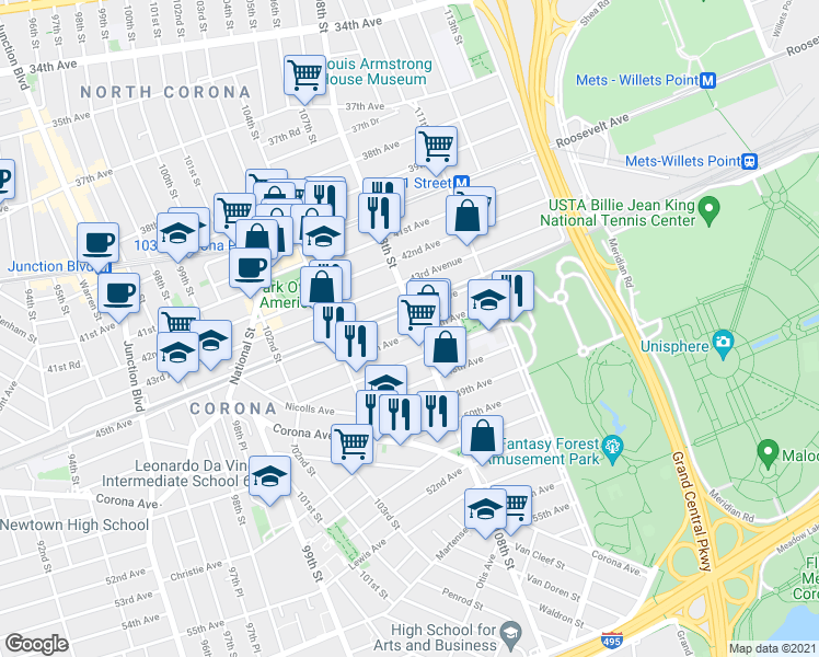 map of restaurants, bars, coffee shops, grocery stores, and more near 45-16 108th Street in Queens