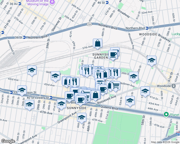map of restaurants, bars, coffee shops, grocery stores, and more near 39-64A 47th Street in Queens