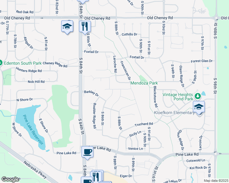 map of restaurants, bars, coffee shops, grocery stores, and more near 6300 Rim Rock Road in Lincoln