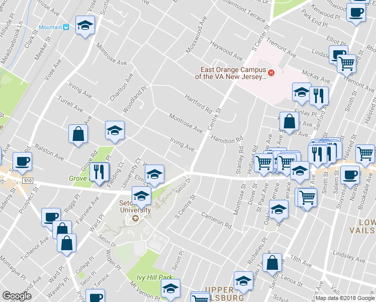 map of restaurants, bars, coffee shops, grocery stores, and more near 394 Irving Avenue in South Orange