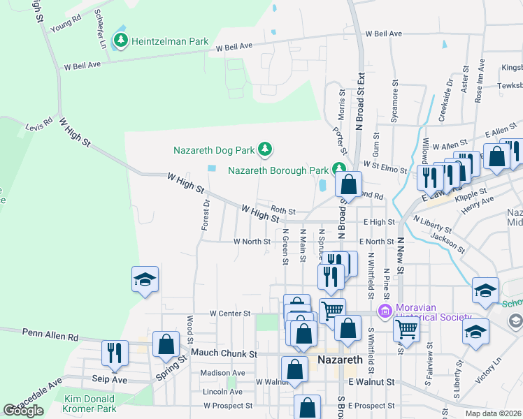 map of restaurants, bars, coffee shops, grocery stores, and more near 84 West High Street in Nazareth