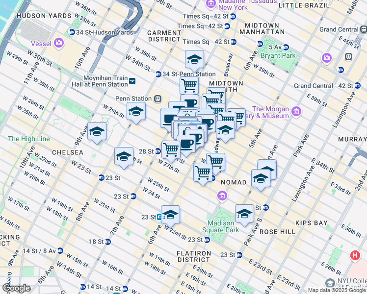 map of restaurants, bars, coffee shops, grocery stores, and more near 129 West 29th Street in New York