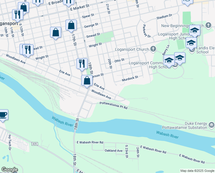 map of restaurants, bars, coffee shops, grocery stores, and more near 1138 19th Street in Logansport