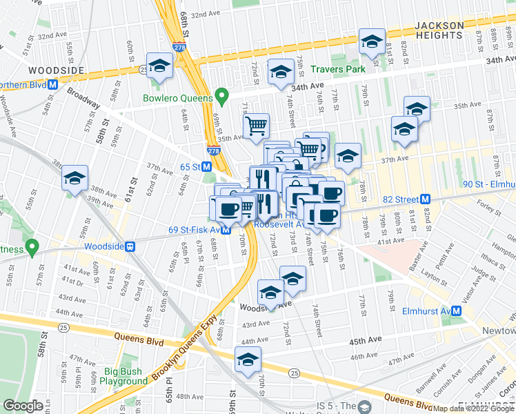 map of restaurants, bars, coffee shops, grocery stores, and more near 6922 Roosevelt Avenue in Queens
