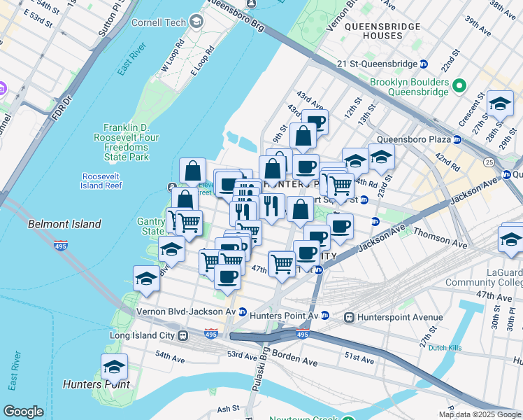 map of restaurants, bars, coffee shops, grocery stores, and more near 45-40 Vernon Boulevard in Queens