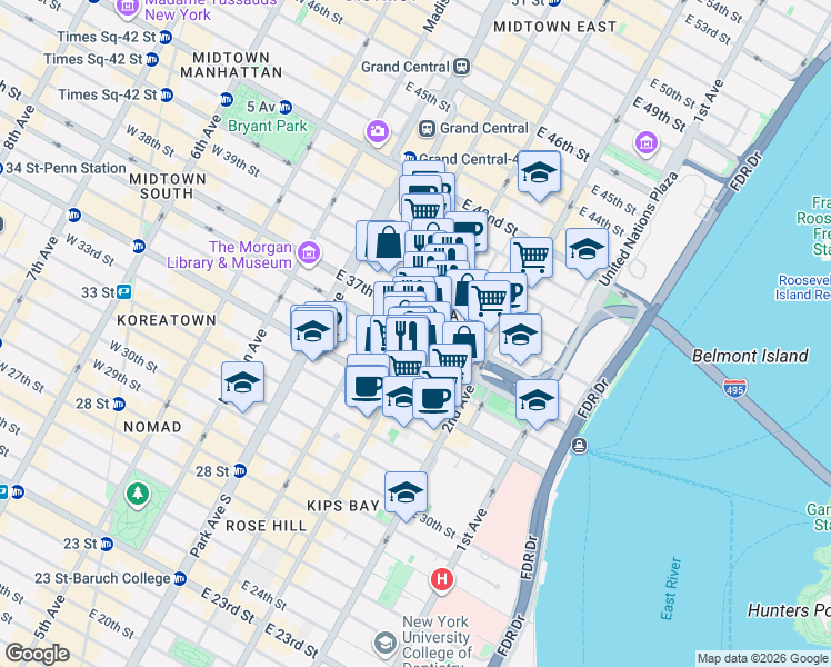 map of restaurants, bars, coffee shops, grocery stores, and more near 548 3rd Avenue in New York