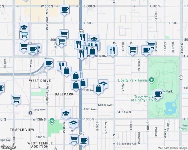 map of restaurants, bars, coffee shops, grocery stores, and more near 996 200 East in Salt Lake City