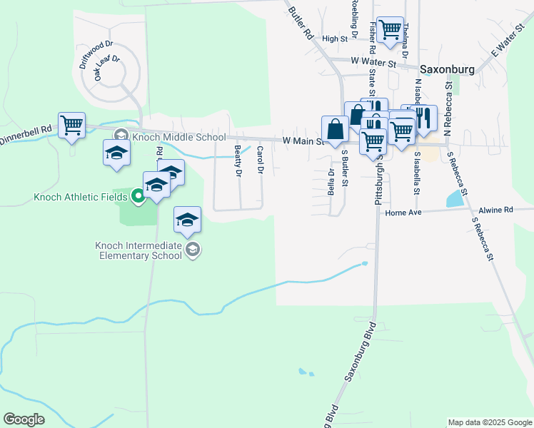 map of restaurants, bars, coffee shops, grocery stores, and more near 121 Carol Dr in Saxonburg