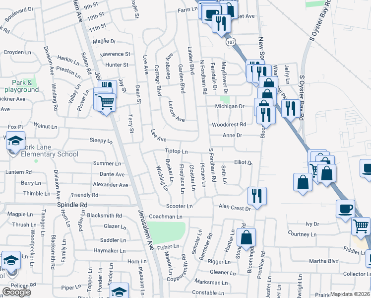 map of restaurants, bars, coffee shops, grocery stores, and more near 51 Tiptop Lane in Hicksville