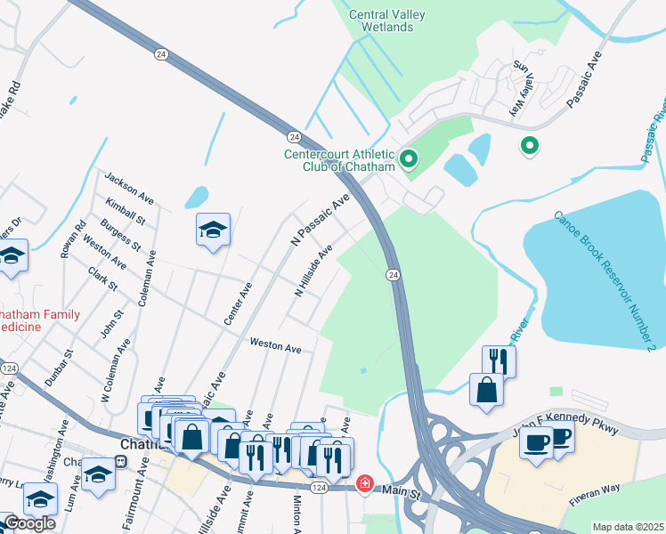 map of restaurants, bars, coffee shops, grocery stores, and more near 121 North Summit Avenue in Chatham