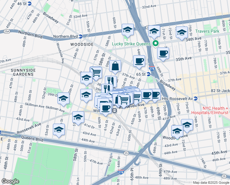 map of restaurants, bars, coffee shops, grocery stores, and more near 61-05 39th Avenue in Queens